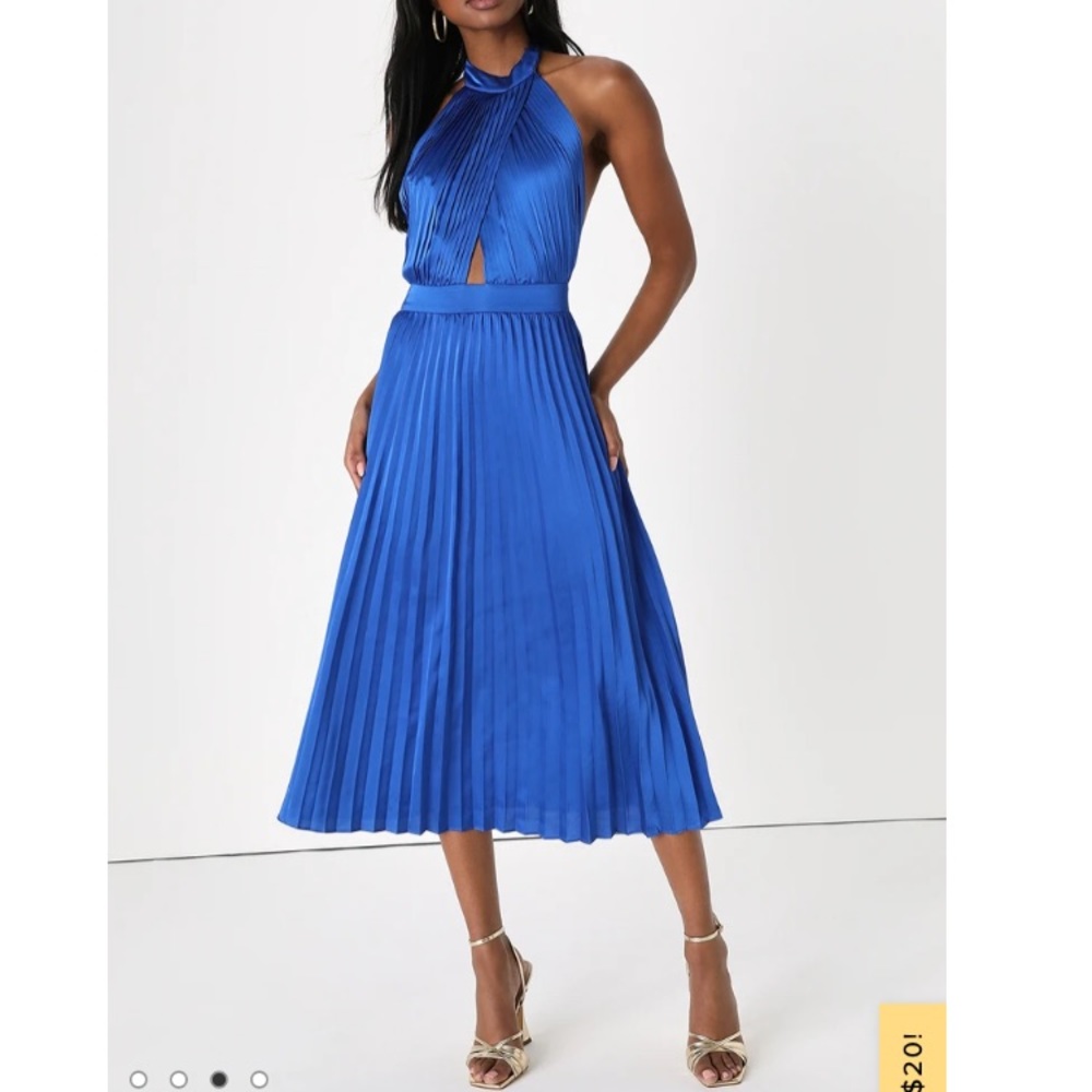 Royal Blue Satin Pleated Halter Midi Dress